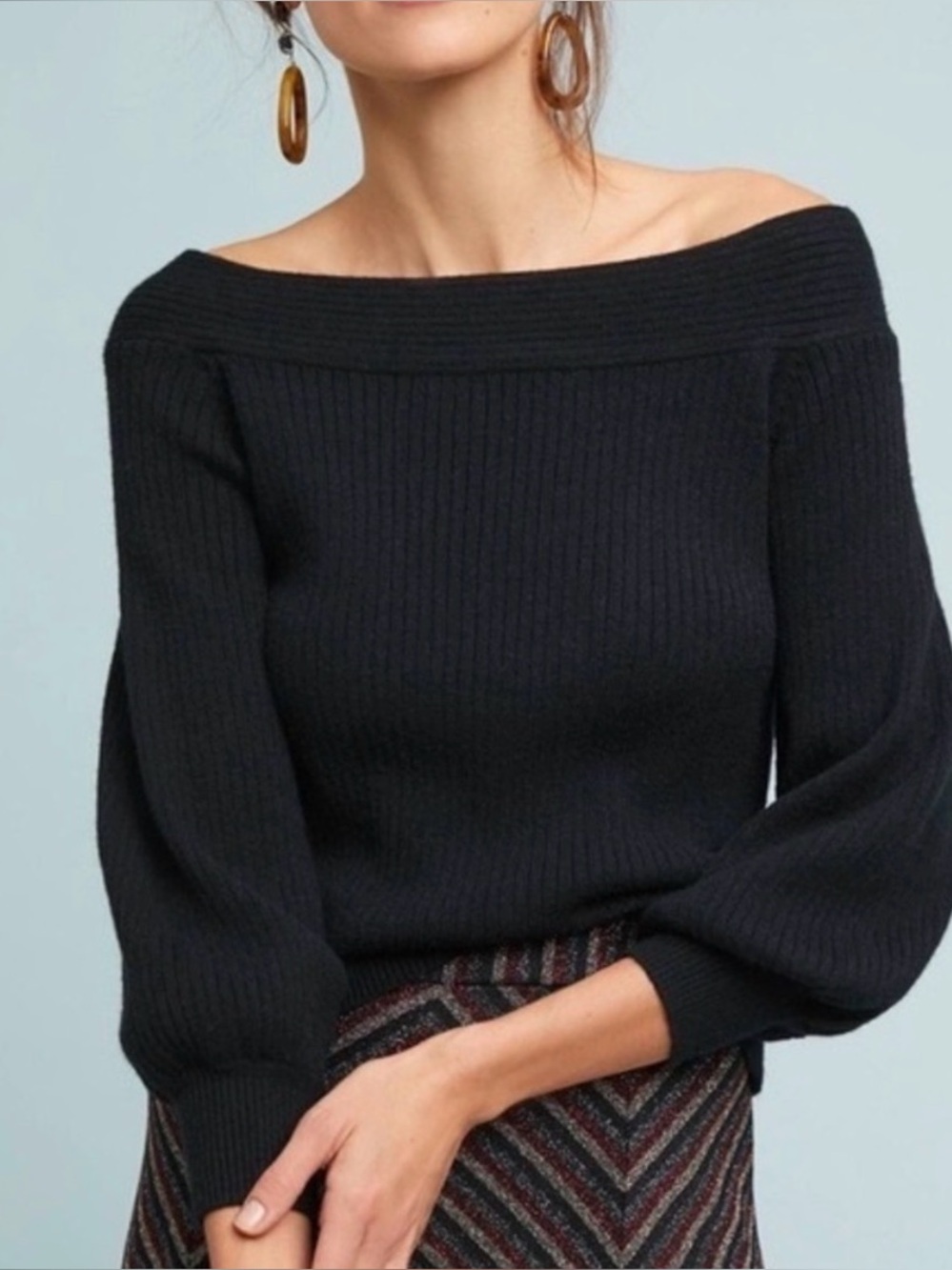 Anthropologie Moth Off-the-Shoulder Black Ribbed Dancer Sweater